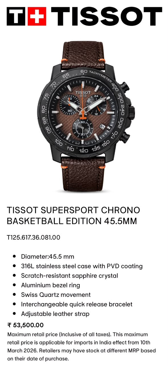 TISSOT. A timepiece built for performance, Inspired by the intensity of the court, this Supersport Chrono Basketball Edition combines Swiss precision with athletic energy. ⌚