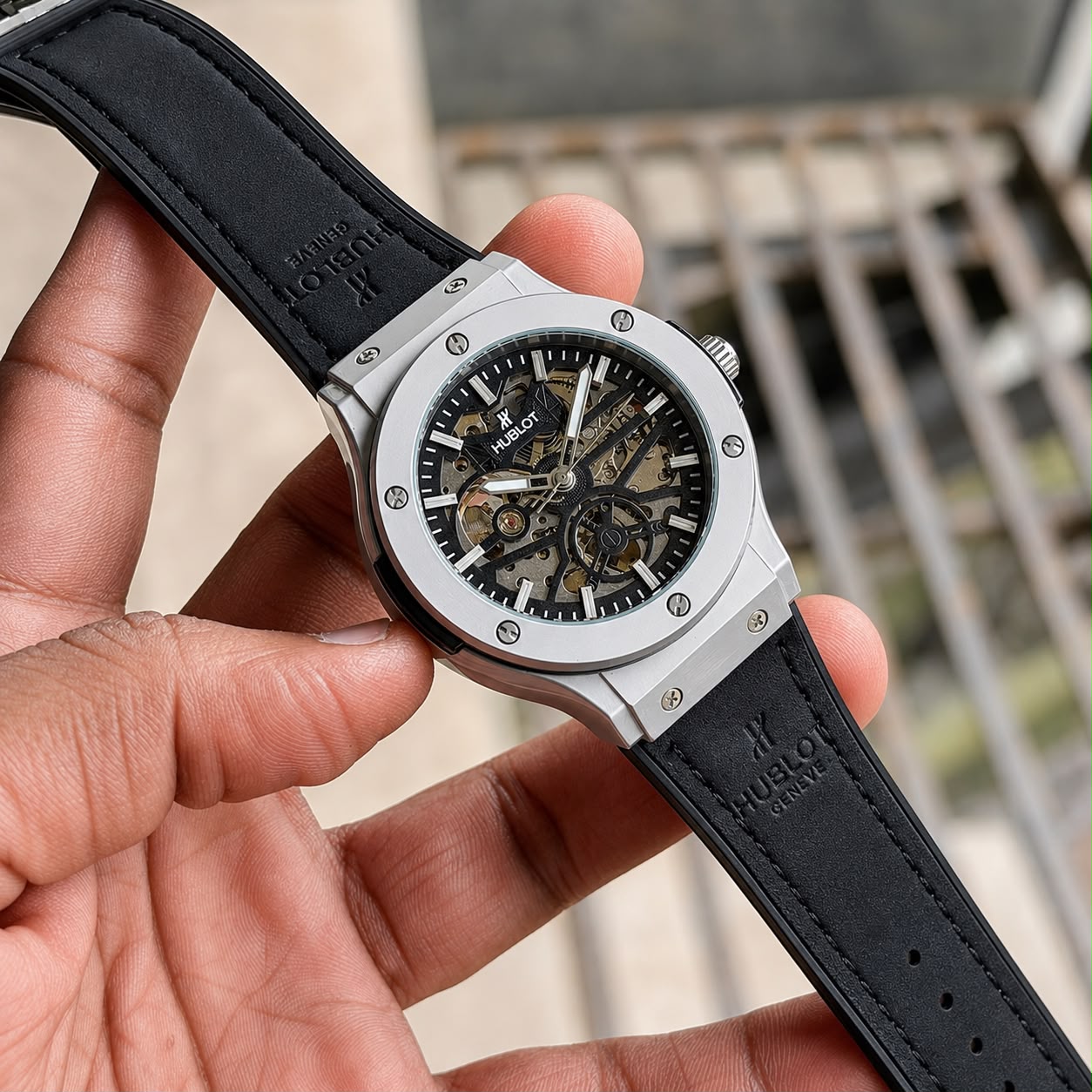 Hublot   Automatic   Skeleton Face Dial   Genuine Leather Strap With Original Hublot lock 🔐   Open Back Machinery